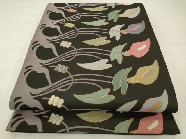 平和屋着物●六通柄袋帯 草花文 黒地 金糸 正絹 逸品 AABM4956pf