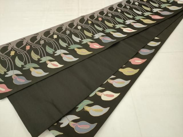 平和屋着物●六通柄袋帯 草花文 黒地 金糸 正絹 逸品 AABM4956pf