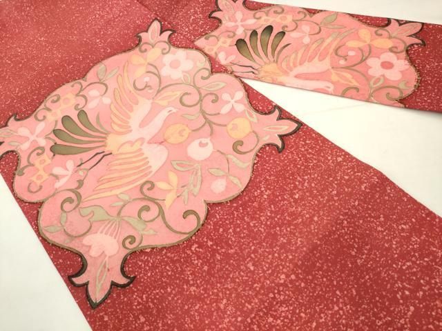 平和屋着物●塩瀬 九寸名古屋帯 花鳥文 ろうけつ染め 正絹 逸品 AABM4967pf