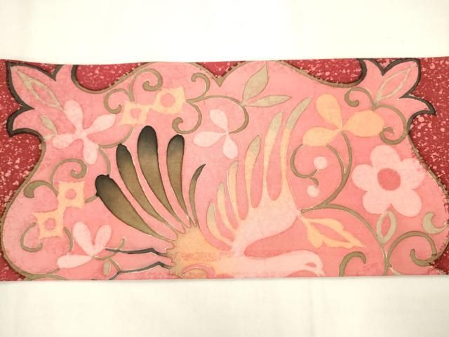 平和屋着物●塩瀬 九寸名古屋帯 花鳥文 ろうけつ染め 正絹 逸品 AABM4967pf