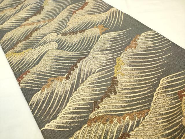 平和屋着物●両面六通柄袋帯 立波文 金糸 正絹 逸品 AABM4980pf