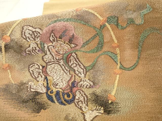 平和屋着物●西陣 京の名門 じゅらく謹製 爪掻き本綴れ 太鼓柄袋帯 手織 雷神図 金糸 反端付き 正絹 逸品 AABM4992pf