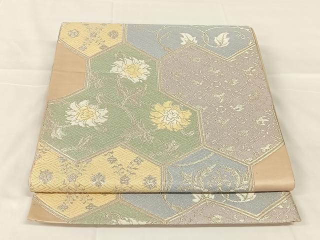 平和屋着物◎六通柄袋帯 唐織 毘沙門亀甲花文 銀糸 正絹 逸品 AABM5027dk