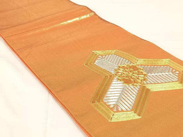 平和屋着物◎太鼓柄袋帯 駒刺繍 毘沙門亀甲花文 金糸 正絹 逸品 AABM5035dk