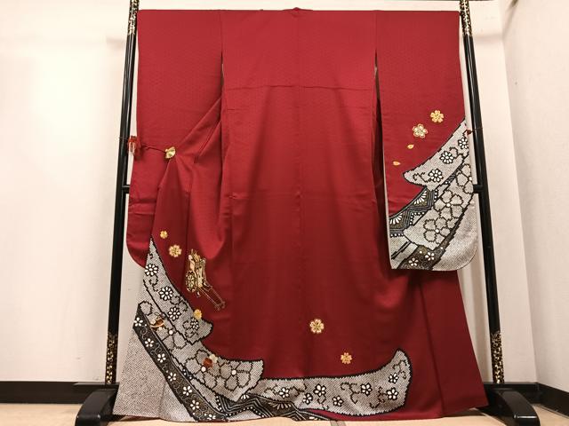平和屋着物●豪華振袖 駒刺繍 御所車花文 金彩 京都きもの友禅扱い 正絹 逸品 AABM5042ph