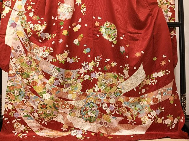 平和屋着物●豪華振袖 駒刺繍 雪輪草花文 金彩 ロング丈 正絹 逸品 AABM5057ph