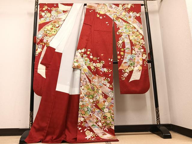 平和屋着物●豪華振袖 駒刺繍 雪輪草花文 金彩 ロング丈 正絹 逸品 AABM5057ph