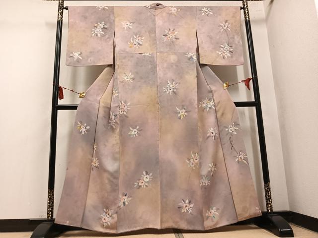 平和屋着物●染色作家 斉藤三才 小紋 草花文 暈し染め ラメ 正絹 逸品 AABM5092ph