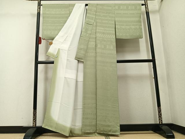 平和屋着物●上質な色無地 百柄 草花地紋 若菜色 正絹 逸品 AABM5168ph