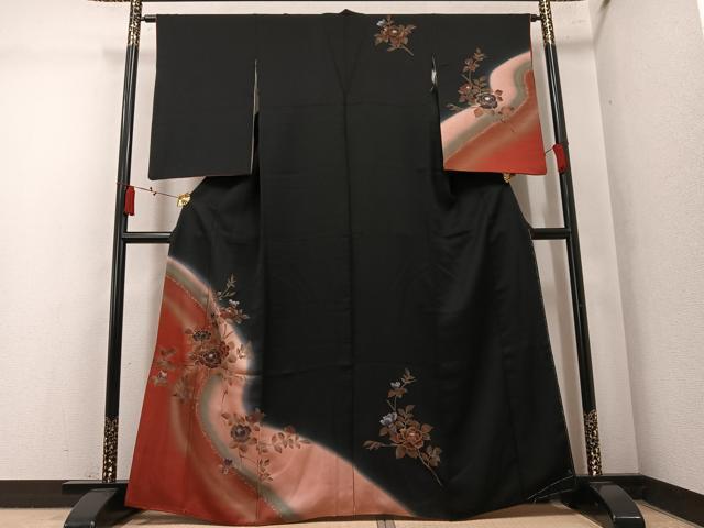 平和屋着物●訪問着 枝花文 暈し染め 黒地 正絹 逸品 AABM5180ph
