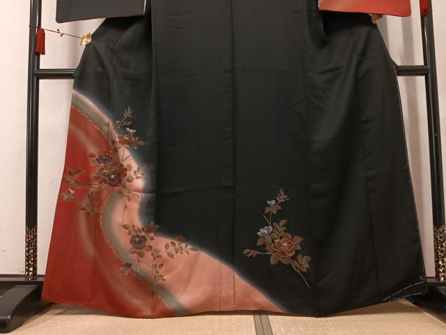 平和屋着物●訪問着 枝花文 暈し染め 黒地 正絹 逸品 AABM5180ph