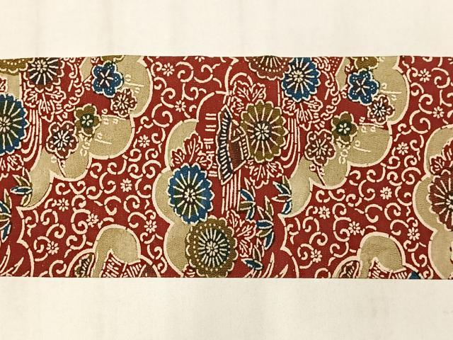 平和屋着物◎九寸名古屋帯 型染め 草木染 雲取り風景花文 正絹 逸品 AABM5201bw