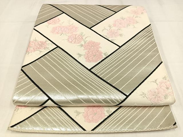 平和屋着物◎六通柄袋帯 唐織 草花文 銀糸 正絹 逸品 AABM5229bw