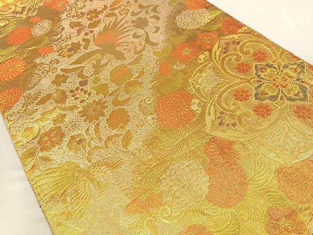 平和屋着物◎佐賀錦 全通柄袋帯 鳳凰花唐草文 金糸 正絹 逸品 AABM5232bw