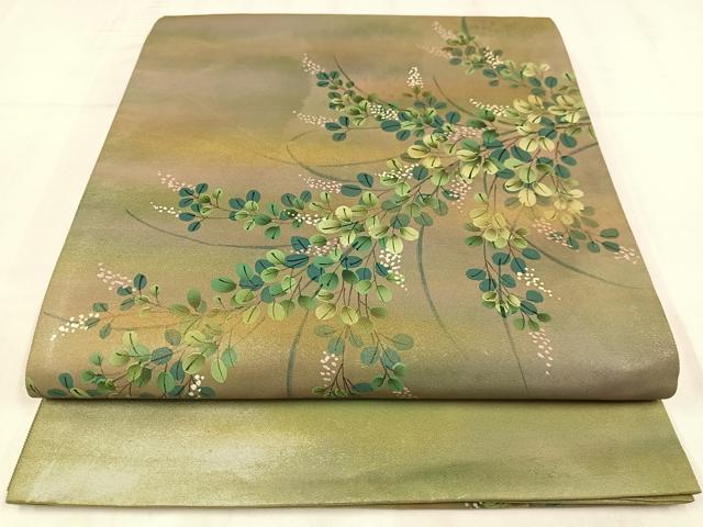 平和屋着物◎太鼓柄袋帯 作家物 手描き 草花文 金彩 引箔 正絹 逸品 AABM5234bw