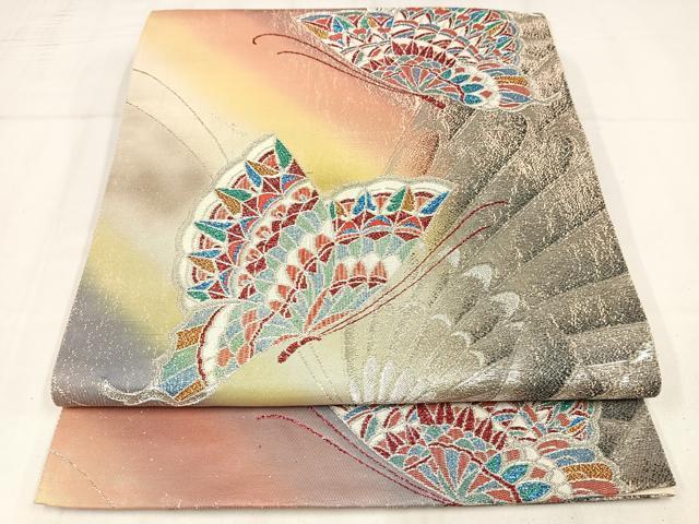 平和屋着物◎六通柄袋帯 舞蝶文 銀糸 正絹 逸品 AABM5242bw