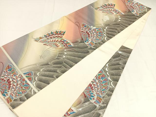 平和屋着物◎六通柄袋帯 舞蝶文 銀糸 正絹 逸品 AABM5242bw