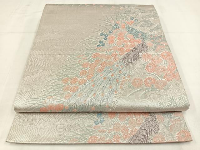 平和屋着物◎六通柄袋帯 唐織 孔雀花文 九百緞子織 銀糸 正絹 逸品 AABM5245bw