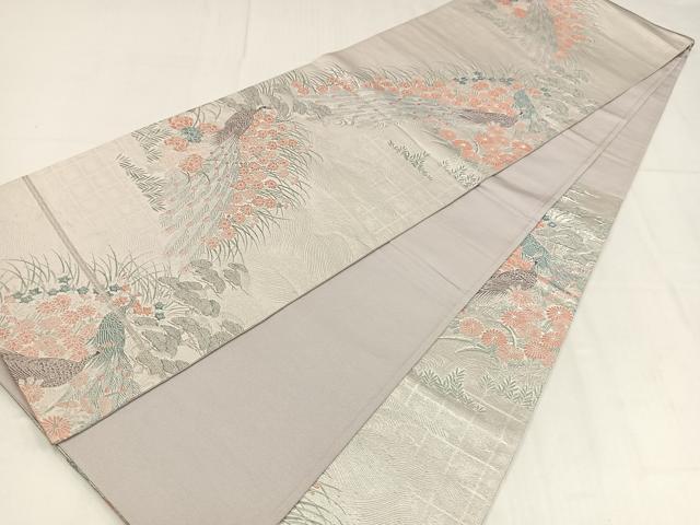 平和屋着物◎六通柄袋帯 唐織 孔雀花文 九百緞子織 銀糸 正絹 逸品 AABM5245bw