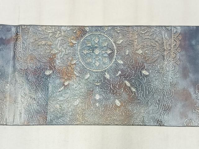 平和屋着物◎九寸名古屋帯 草花文 銀糸 正絹 逸品 AABM5253bw