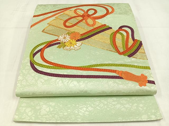 平和屋着物◎太鼓柄袋帯 駒刺繍 扇花文 金糸 正絹 逸品 AABM5319bw