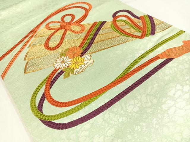 平和屋着物◎太鼓柄袋帯 駒刺繍 扇花文 金糸 正絹 逸品 AABM5319bw