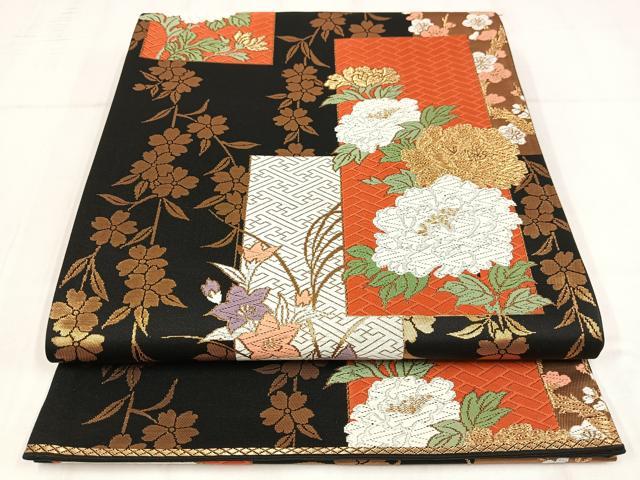 平和屋着物◎六通柄袋帯 唐織 色紙枝花文 黒地 金糸 正絹 逸品 AABM5324bw