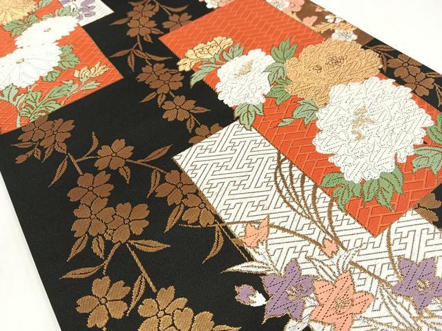平和屋着物◎六通柄袋帯 唐織 色紙枝花文 黒地 金糸 正絹 逸品 AABM5324bw