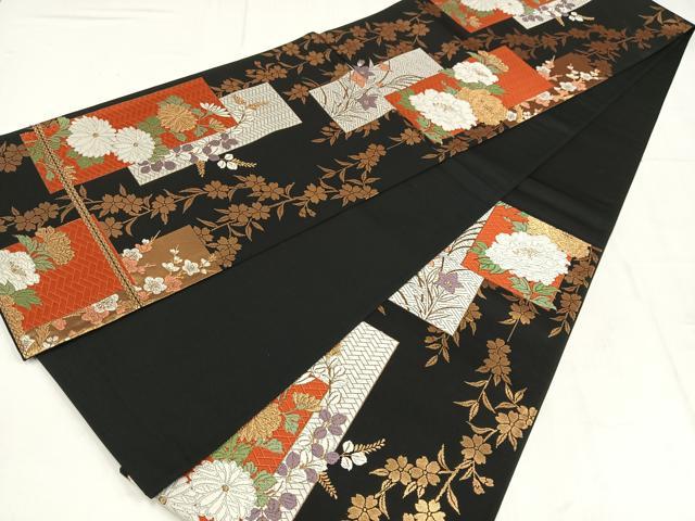 平和屋着物◎六通柄袋帯 唐織 色紙枝花文 黒地 金糸 正絹 逸品 AABM5324bw