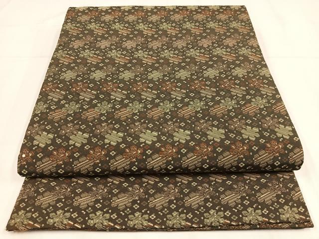 平和屋着物◎丸帯 花唐草文 璃寛茶 金糸 正絹 逸品 AABM5332bw