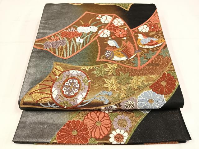 平和屋着物◎六通柄袋帯 唐織 鴛鴦草花文 金銀糸 正絹 逸品 AABM5340bw