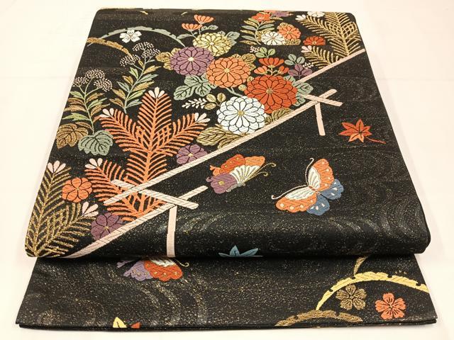 平和屋着物◎六通柄袋帯 唐織 流水花蝶文 黒地 金糸 正絹 逸品 AABM5356bw