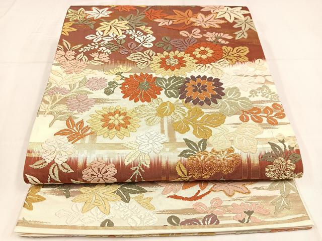 平和屋着物◎六通柄袋帯 能衣唐織 格子草花文 金糸 正絹 逸品 AABM5368bw