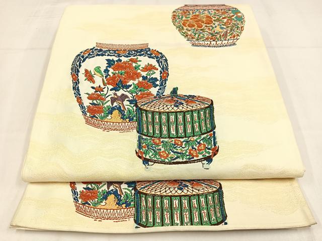 平和屋着物◎六通柄袋帯 唐織 花陶器 正絹 逸品 AABM5385bw