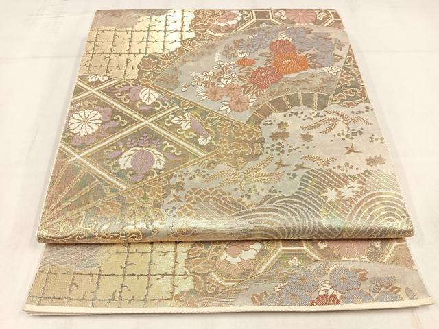 平和屋着物◎六通柄袋帯 扇花文 金銀糸 正絹 逸品 AABM5389bw