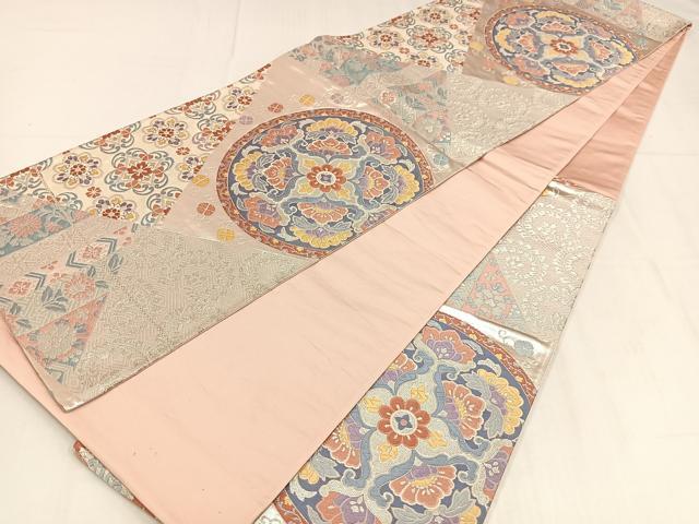 平和屋着物◎六通柄袋帯 唐織 正倉院花文 銀糸 正絹 逸品 AABM5394bw