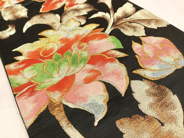 平和屋着物◎六通柄袋帯 更紗花唐草文 黒地 金銀糸 正絹 逸品 AABM5397bw