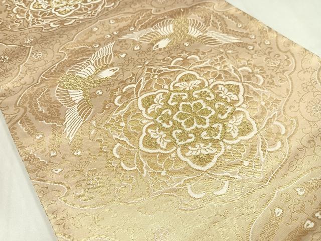 平和屋着物◎六通柄袋帯 唐織 向かい鳳凰正倉院花文 金糸 正絹 逸品 AABM5401bw