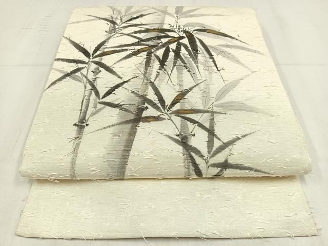 平和屋着物◎太鼓柄袋帯 髭紬地 作家物 手描き 笹竹 象牙色 金彩 正絹 逸品 AABM5408bw