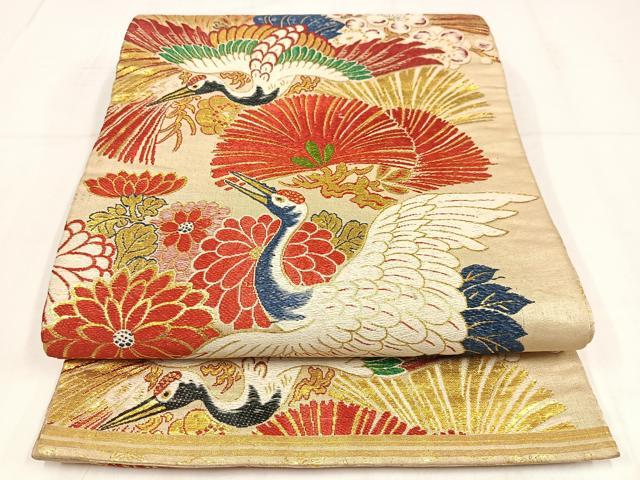 平和屋着物◎アンティーク 大正ロマン 丸帯 唐織 飛鶴文 金糸 正絹 逸品 AABM5420bw