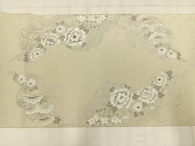 平和屋着物◎太鼓柄袋帯 御所車鴛鴦花文 銀糸 銀彩 正絹 逸品 AABM5432bw