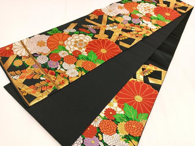 平和屋着物◎六通柄袋帯 唐織 草花文 黒地 金銀糸 正絹 逸品 AABM5435bw