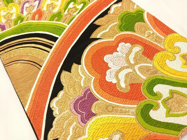平和屋着物◎六通柄袋帯 唐織 更紗花文 黒地 金糸 正絹 逸品 AABM5439bw