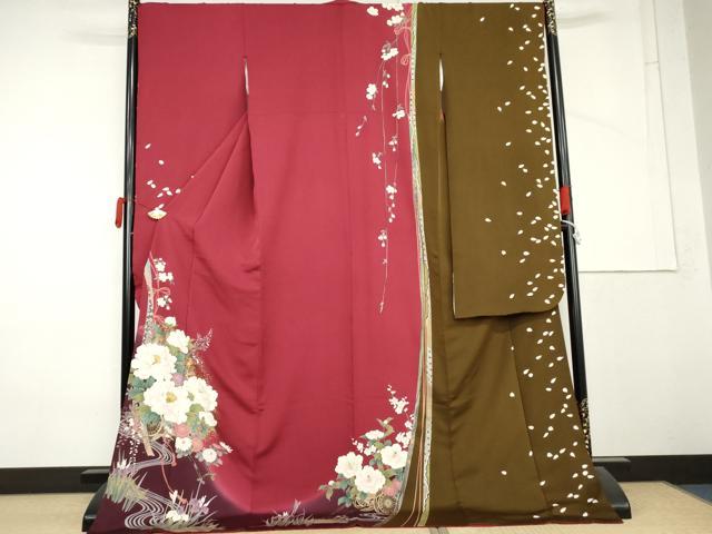 平和屋着物●豪華振袖 刺繍 花車文 舞桜 暈し染め 金彩 金銀糸 ロング丈 正絹 逸品 AABM5458cs