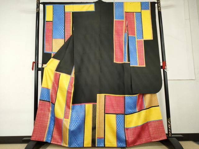 平和屋着物●希少 GIVENCHY ジバンシー 振袖 幾何学格子 黒地 金彩 正絹 逸品 AABM5461cs