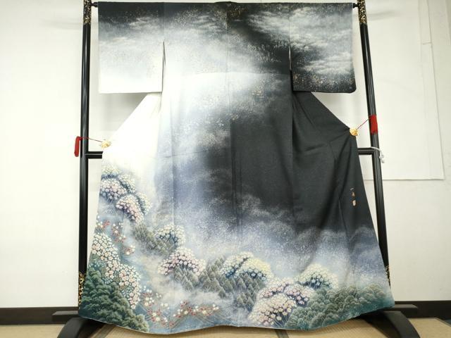 平和屋着物●吉乃一廉 幻の辻が花 訪問着 樹林風景文 暈し染め 黒地 金彩 銀通し地 正絹 逸品 AABM5463cs
