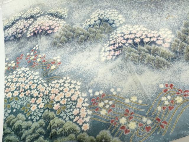 平和屋着物●吉乃一廉 幻の辻が花 訪問着 樹林風景文 暈し染め 黒地 金彩 銀通し地 正絹 逸品 AABM5463cs