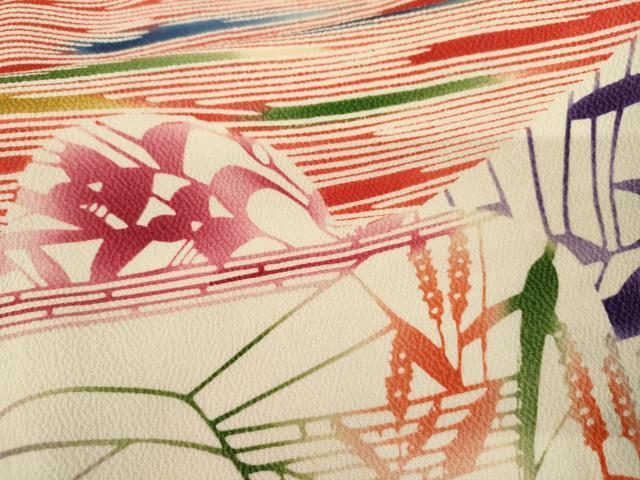 平和屋着物●型絵染の人間国宝 稲垣稔次郎 振袖 型染め 枝花文 鬼しぼ縮緬 正絹 逸品 AABM5471cs