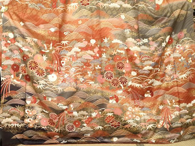 平和屋着物●豪華振袖 駒刺繍 鳳凰花鳥文 暈し染め 金彩 正絹 逸品 AABM5476cs