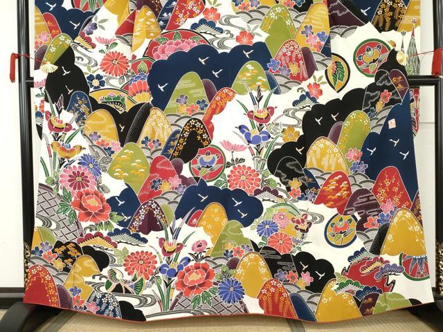 平和屋着物●手ざし京紅型染・宮崎紅型 宮崎良次 振袖 重ね山花鳥文 正絹 逸品 AABM5491cs